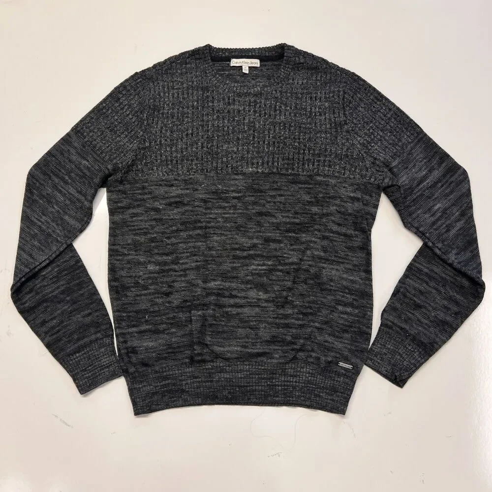 Calvin Klein Jeans Sweater Men Medium Gray Marled Crew Neck Knit Pullover